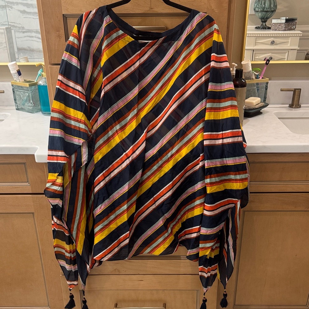 Tory Burch Navy and Orange Striped caftan swim coverup